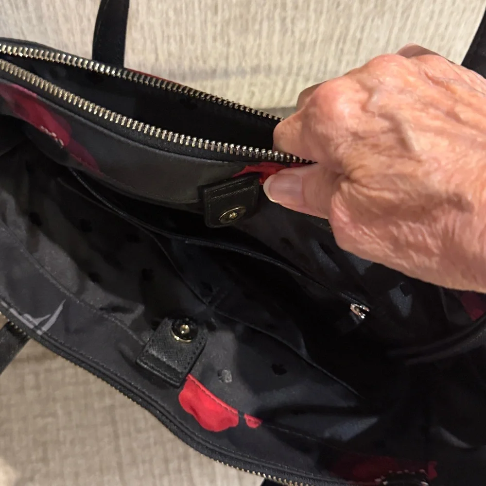 Kate Spade Black and Red Wilson Floral Alyse nylon satchel, and Red poppy print